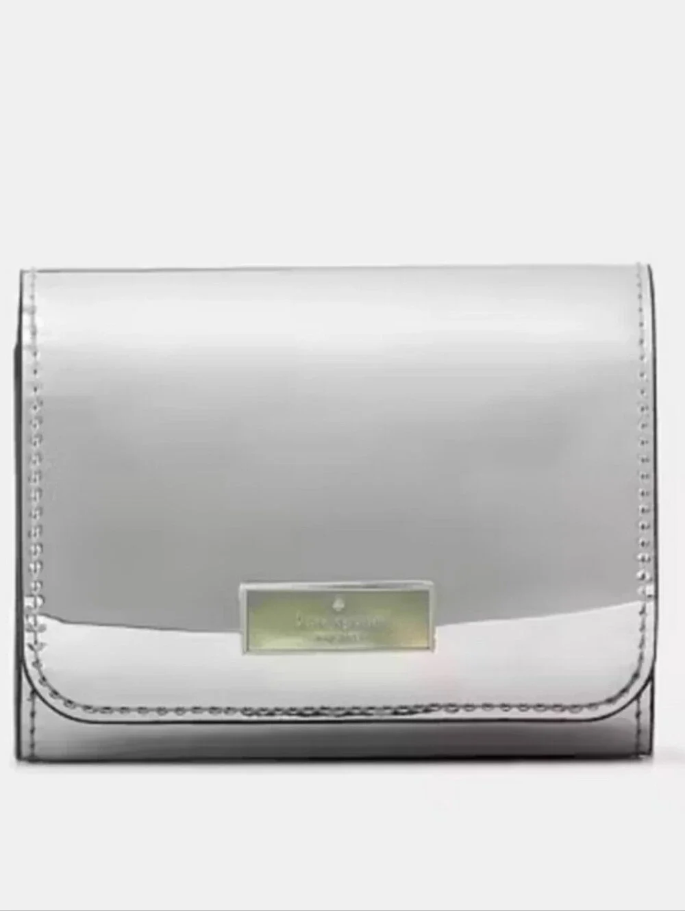 kate spade Silver Metallic Compact Card Wallet with Iridescent Logo Plaque